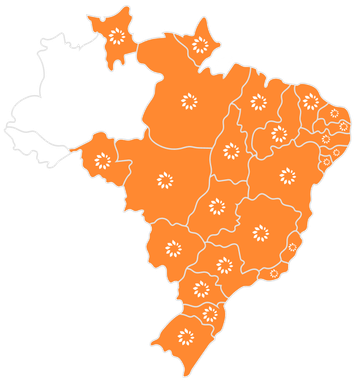 Mapa do Brasil, destacando com o logotipo os estados com atuação da Copa Energia. No mapa, estão destacados todos os estados, com exceção do Amazonas e Acre